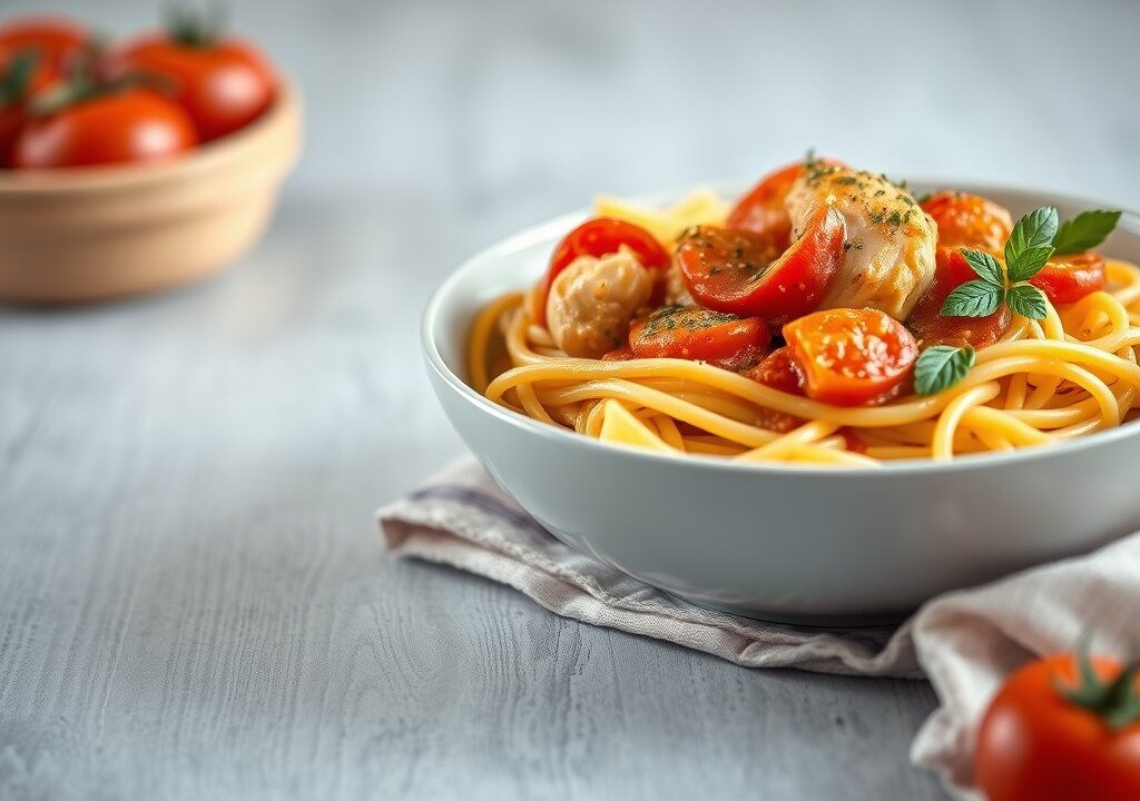 Pasta en kip in tomatensaus, AI-gegenereerde illustratie