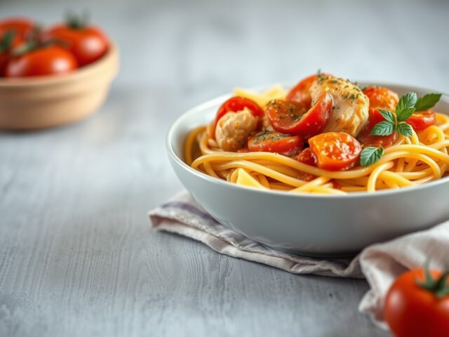 Pasta en kip in tomatensaus — AI-gegenereerde illustratie