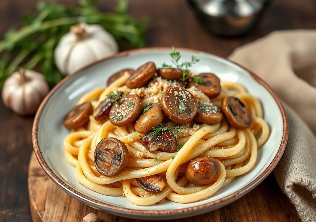 Pasta in champignonsaus — AI-gegenereerde illustratie