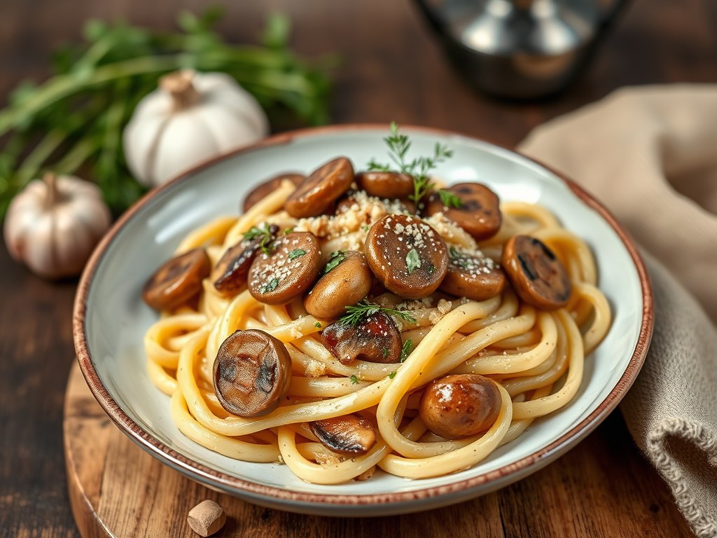 Pasta in champignonsaus, AI-gegenereerde illustratie