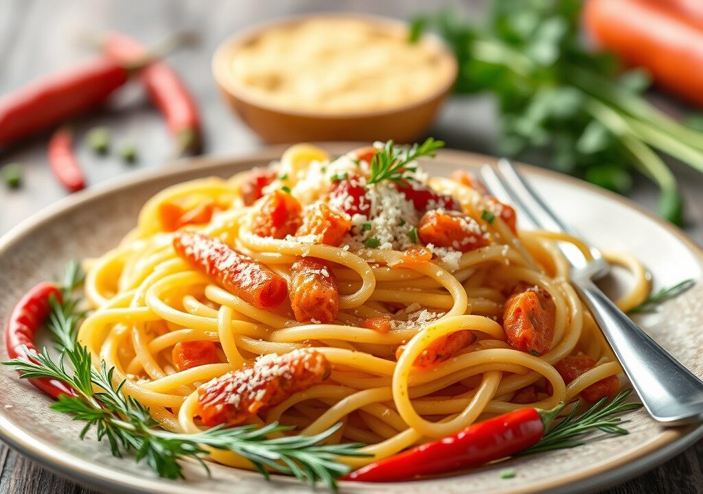 Pasta in groentenstoofschotel met kippenlever, AI-gegenereerde illustratie