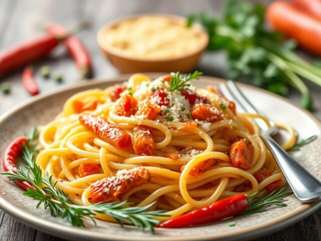 Pasta in groentenstoofschotel met kippenlever — AI-gegenereerde illustratie