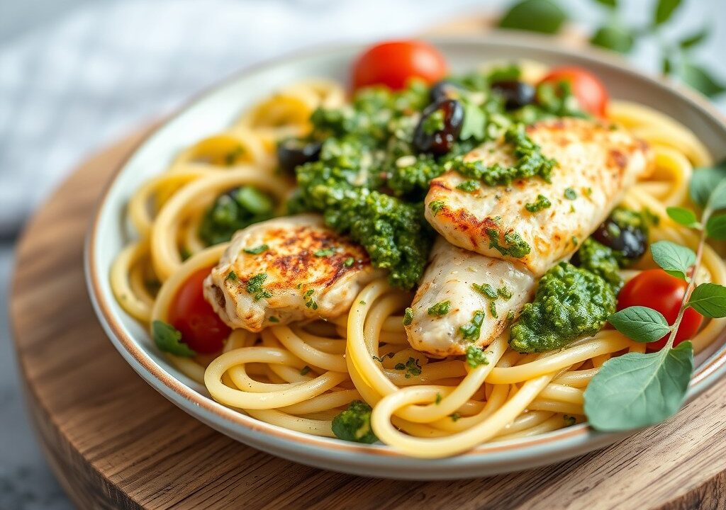 Pasta kip met pesto, AI-gegenereerde illustratie