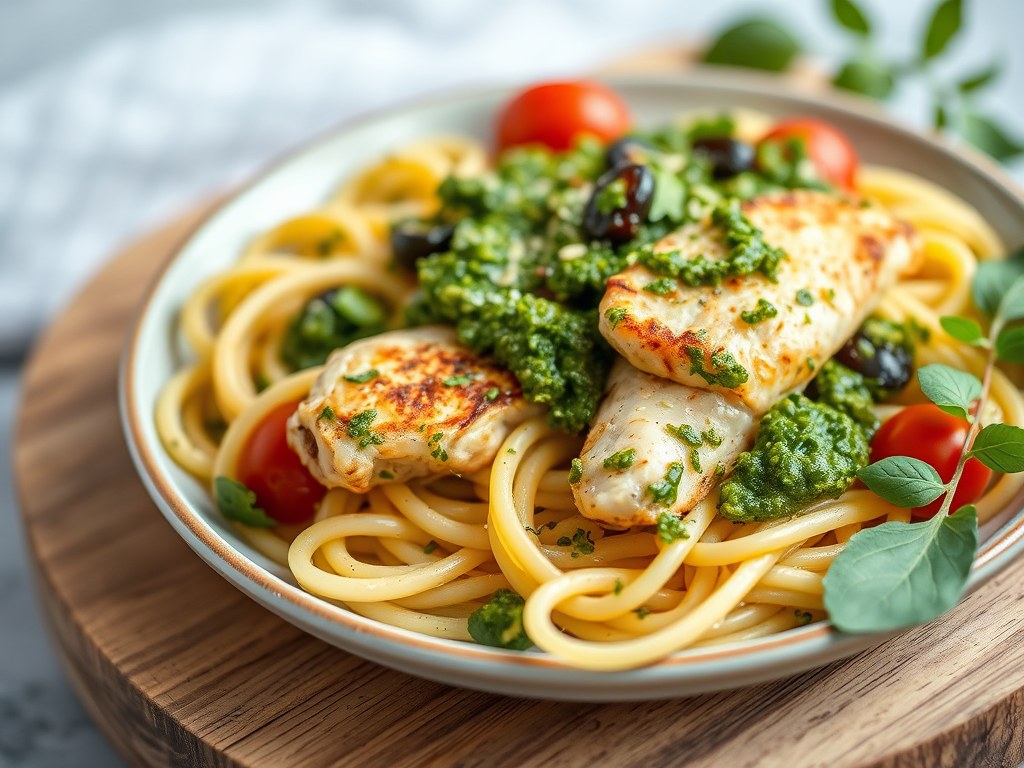 Pasta kip met pesto, AI-gegenereerde illustratie