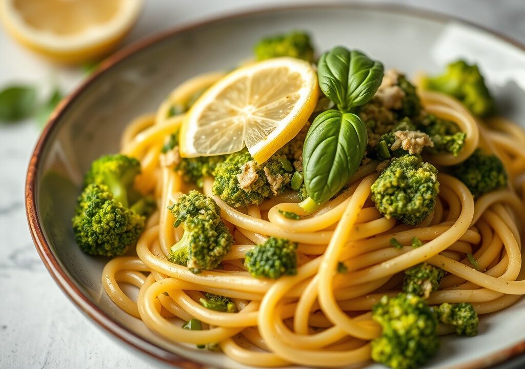 Pasta met ansjovis en broccolipesto met citroen — AI-gegenereerde illustratie