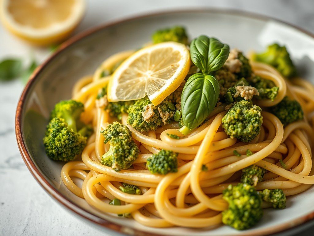 Pasta met ansjovis en broccolipesto met citroen, AI-gegenereerde illustratie