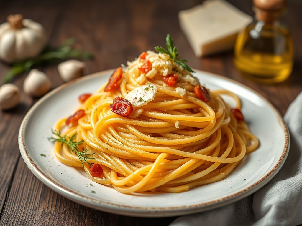Pasta met Ansjovis en Parmezaanse Kaas, AI-gegenereerde illustratie