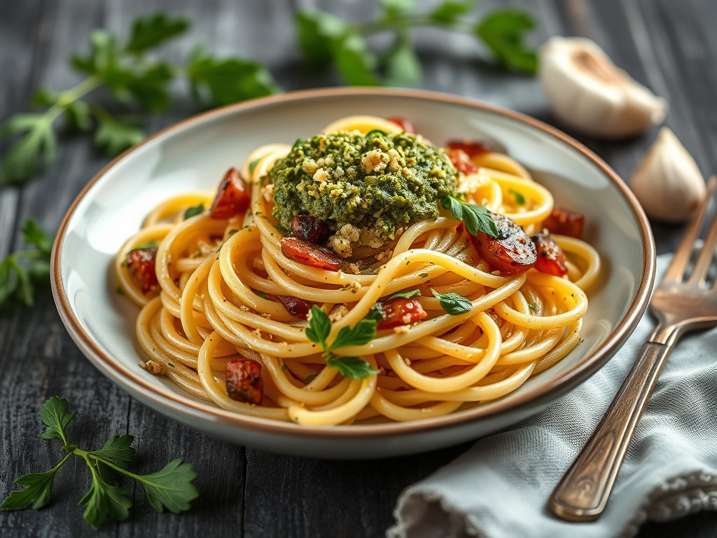 Pasta met artisjokken en pesto, AI-gegenereerde illustratie