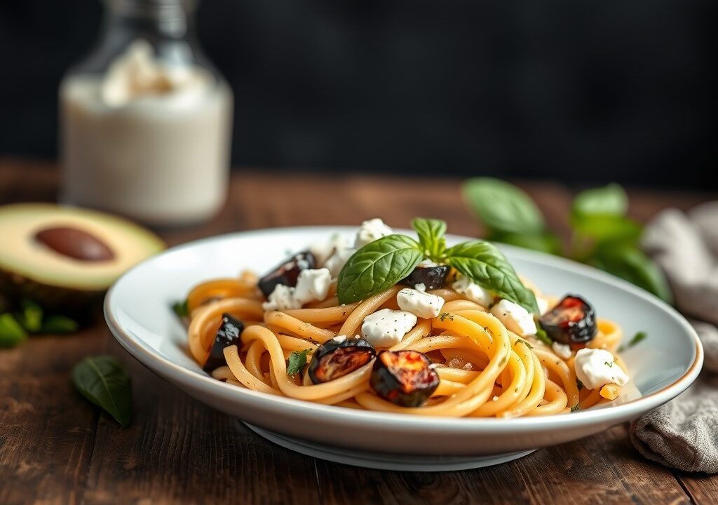 Pasta met aubergine, gerookte eend en geitenkaas — AI-gegenereerde illustratie