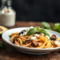 Pasta met aubergine, gerookte eend en geitenkaas