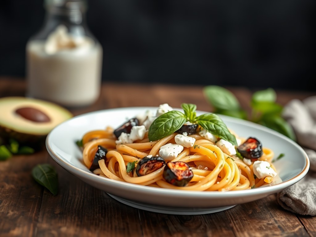 Pasta met aubergine, gerookte eend en geitenkaas, AI-gegenereerde illustratie