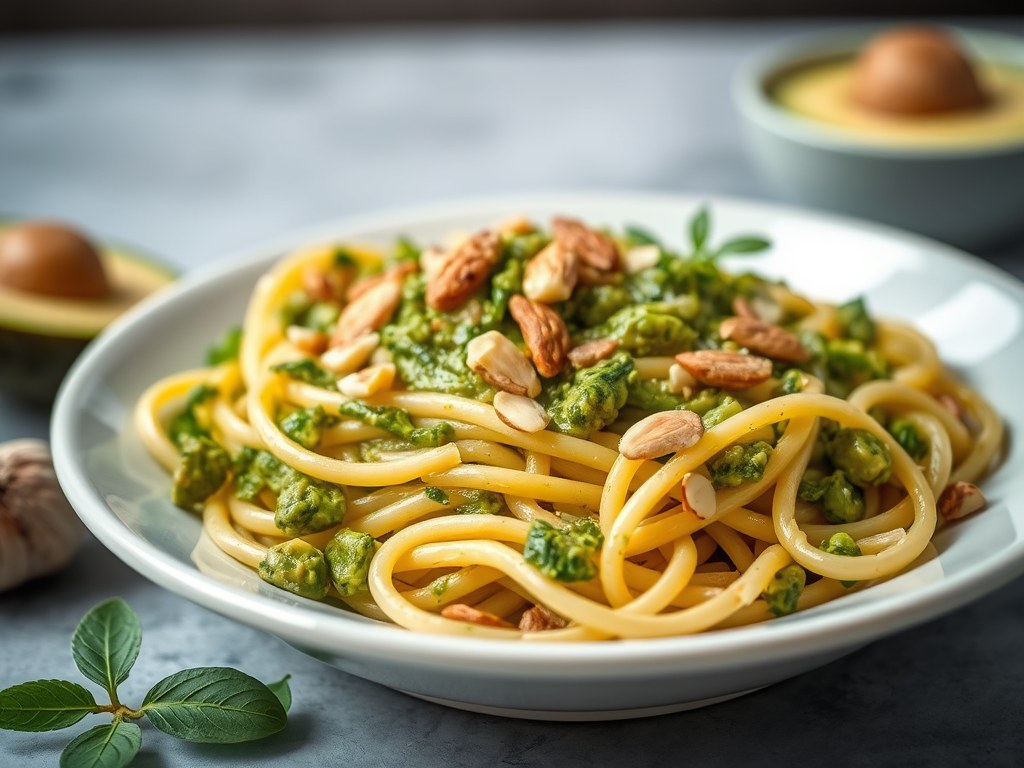 Pasta met Avocado Pesto, AI-gegenereerde illustratie
