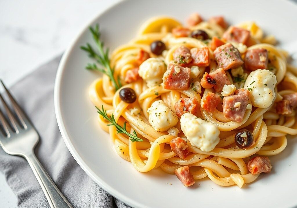 Pasta met bloemkoolsaus en ham, AI-gegenereerde illustratie