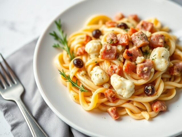 Pasta met bloemkoolsaus en ham — AI-gegenereerde illustratie