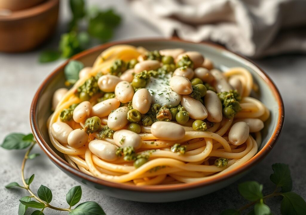 Pasta met bonen en pesto 2, AI-gegenereerde illustratie