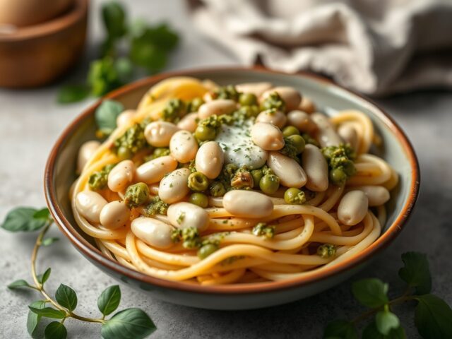 Pasta met bonen en pesto 2 — AI-gegenereerde illustratie