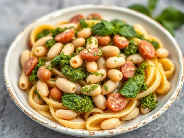 Pasta met bonen en pesto — AI-gegenereerde illustratie
