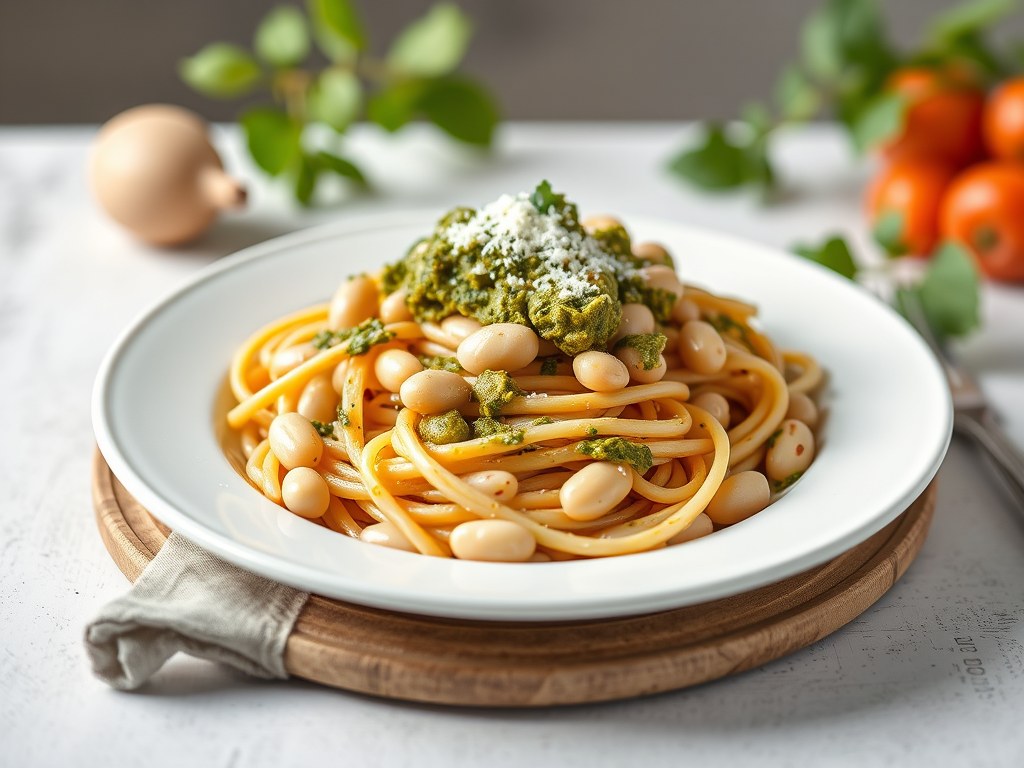 Pasta met bonen en pesto, AI-gegenereerde illustratie