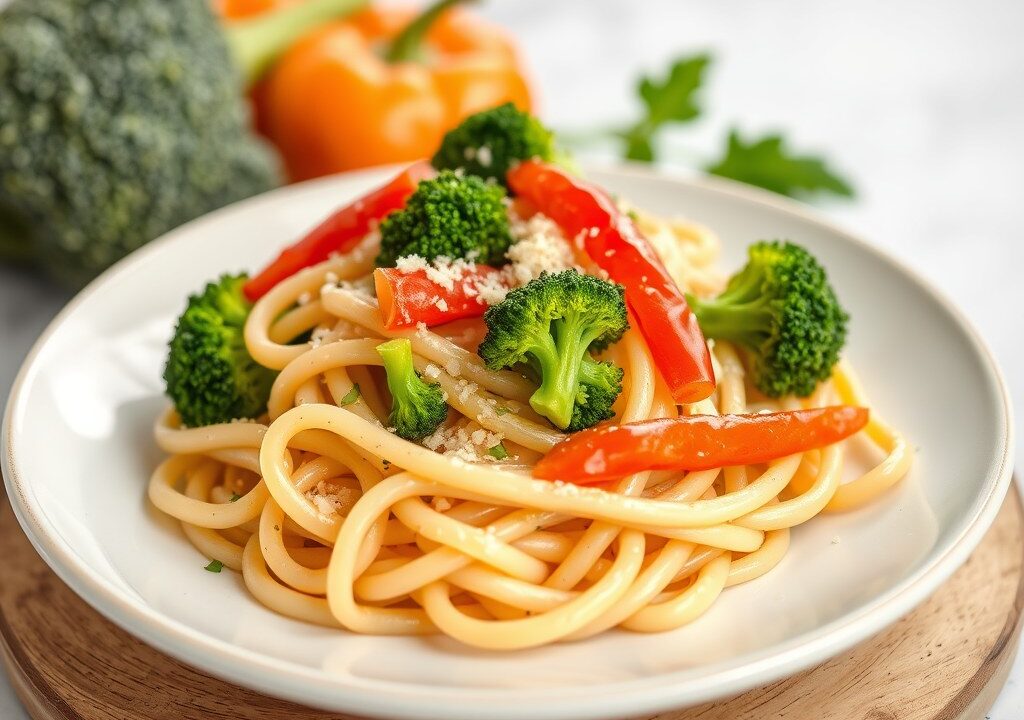 Pasta met broccoli en paprika — AI-gegenereerde illustratie
