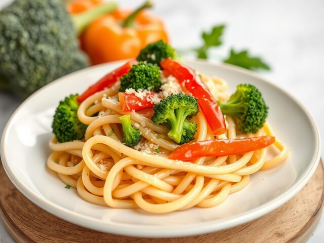 Pasta met broccoli en paprika — AI-gegenereerde illustratie