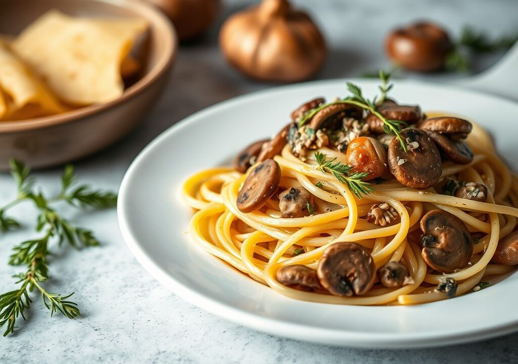 Pasta met champignons, AI-gegenereerde illustratie