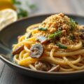 Pasta met champignons en kippenblokjes, crumble met citroen