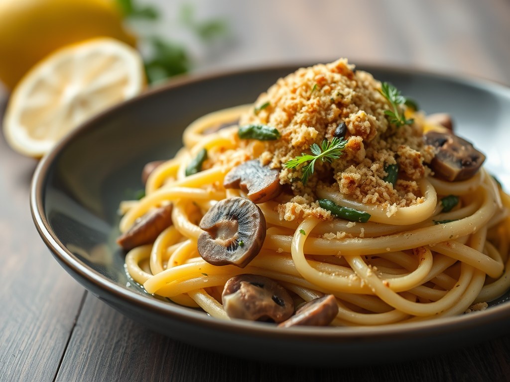 Pasta met champignons en kippenblokjes, crumble met citroen, AI-gegenereerde illustratie