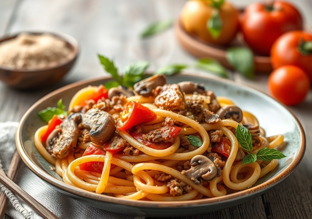 Pasta met champignons, tomaat en gehakt — AI-gegenereerde illustratie