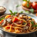 Pasta met champignons, tomaat en gehakt