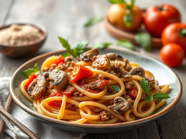 Pasta met champignons, tomaat en gehakt — AI-gegenereerde illustratie