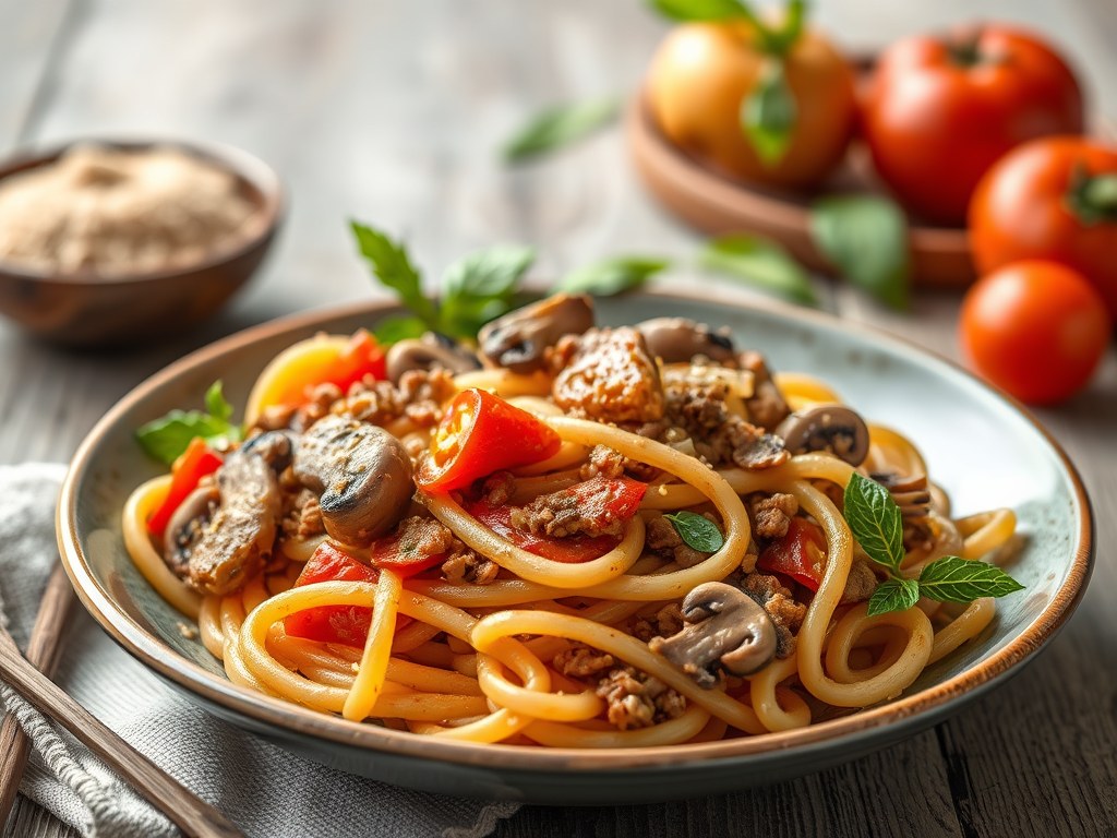 Pasta met champignons, tomaat en gehakt, AI-gegenereerde illustratie