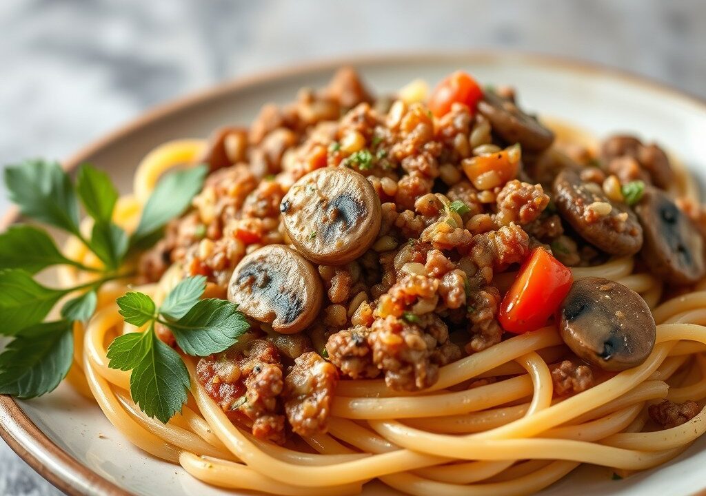 Pasta met Champignons, tomaat en gehakt — AI-gegenereerde illustratie