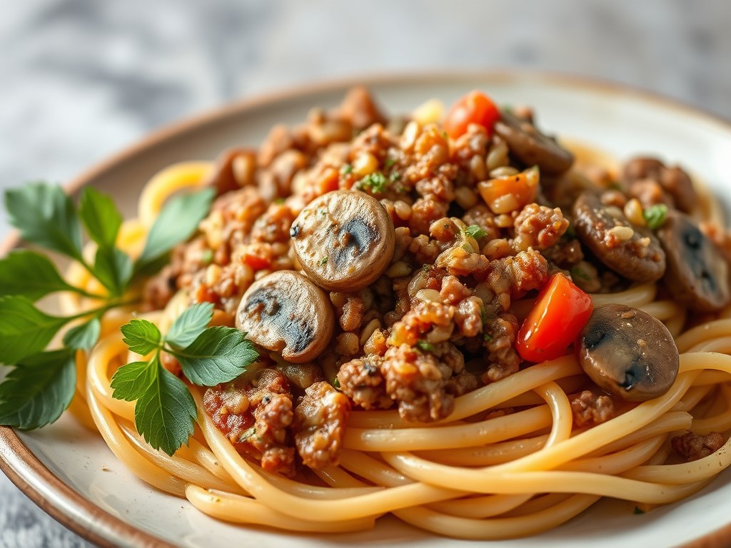 Pasta met Champignons, tomaat en gehakt, AI-gegenereerde illustratie