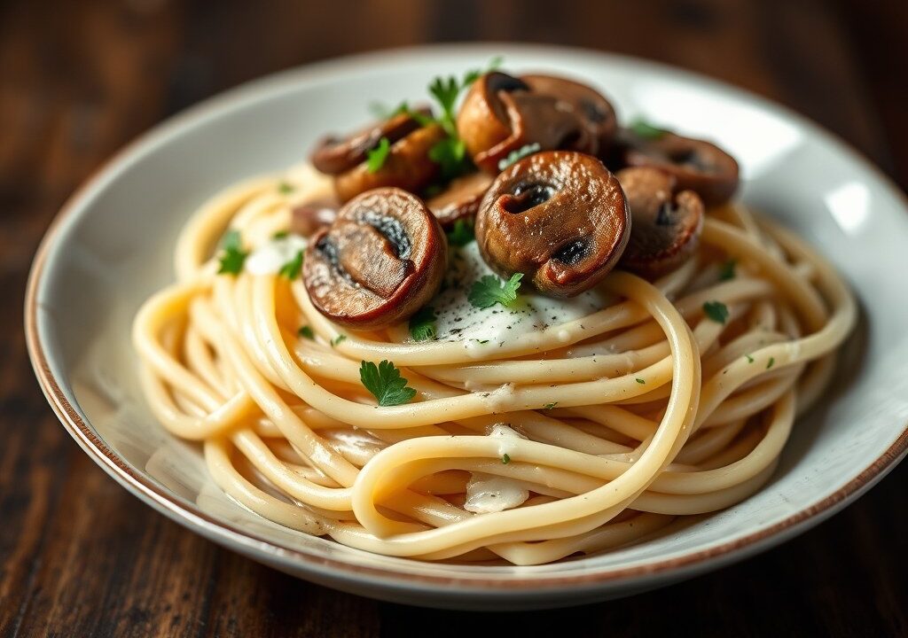Pasta met champignons, whisky en room — AI-gegenereerde illustratie