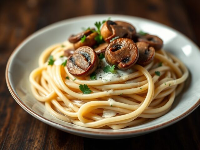 Pasta met champignons, whisky en room — AI-gegenereerde illustratie