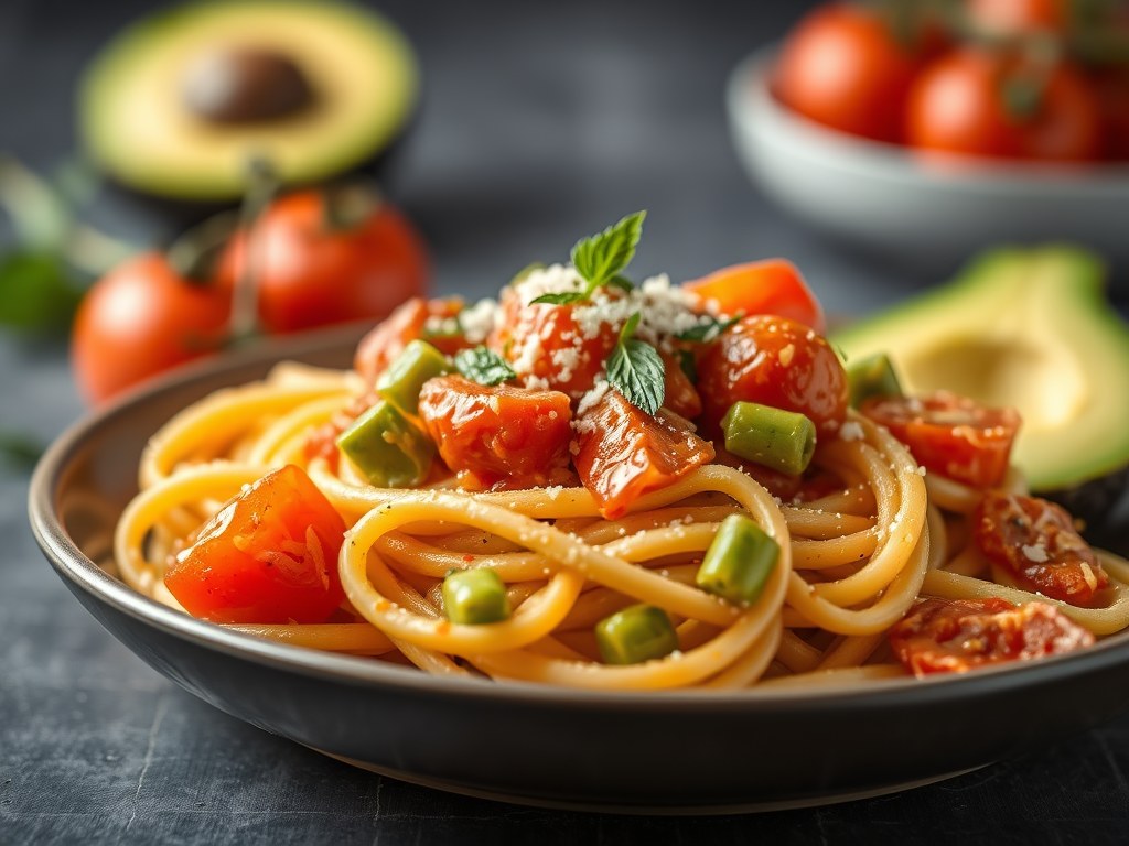 Pasta met een Avocado Saus, AI-gegenereerde illustratie