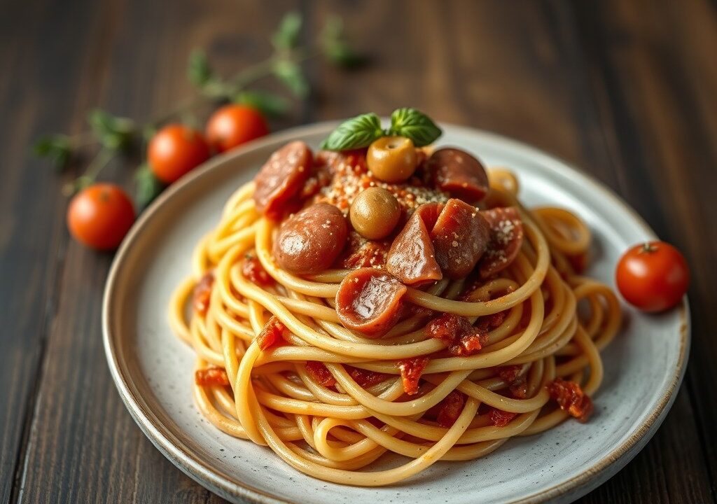 Pasta met een Saus van Mortadella, AI-gegenereerde illustratie