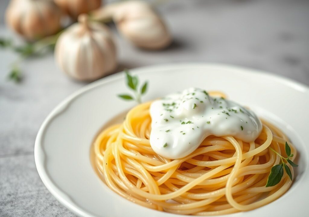 Pasta met een Saus van Yoghurt en Verse Kruiden, AI-gegenereerde illustratie