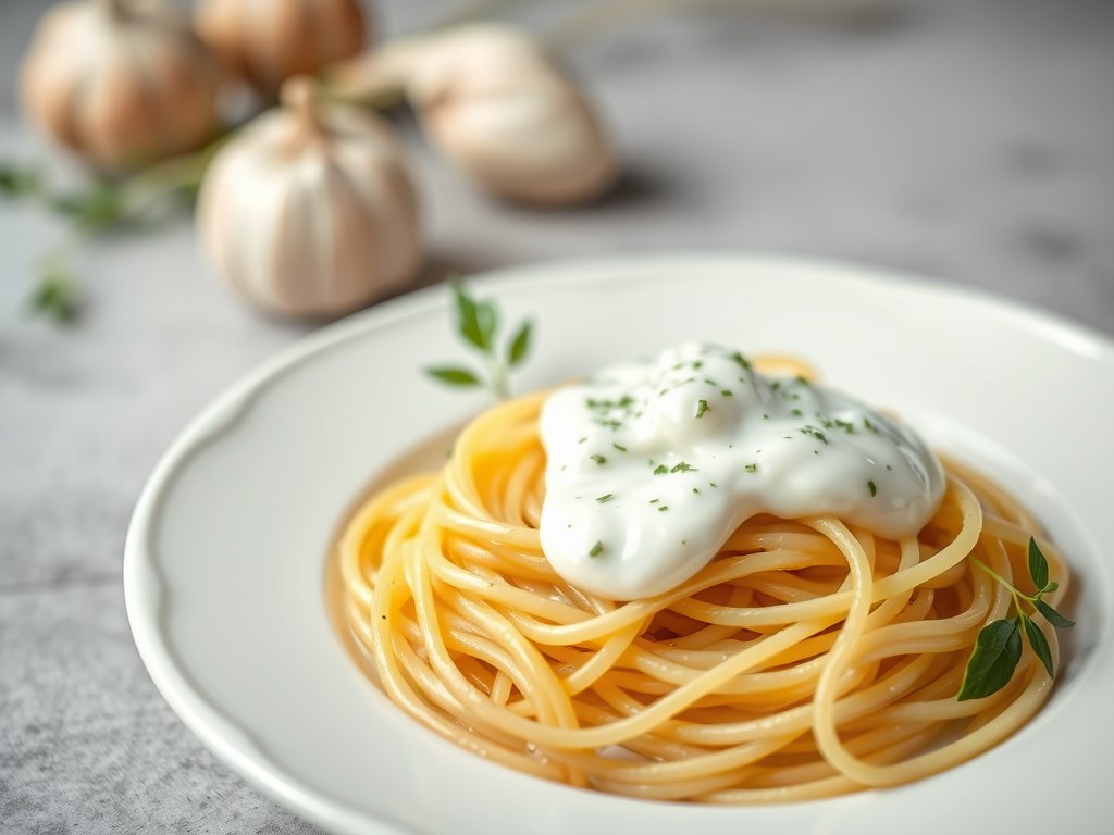 Pasta met een Saus van Yoghurt en Verse Kruiden, AI-gegenereerde illustratie