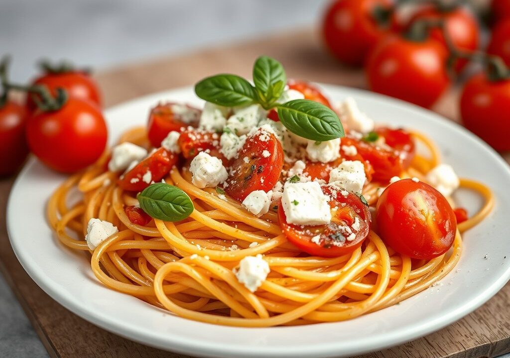 Pasta met feta en tomaat uit de oven, AI-gegenereerde illustratie