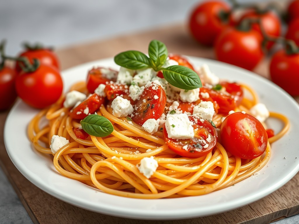Pasta met feta en tomaat uit de oven, AI-gegenereerde illustratie