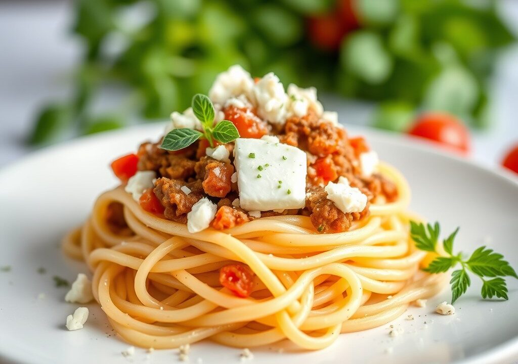 Pasta met fetakaas, AI-gegenereerde illustratie