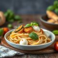 Pasta met gebakken courgette, mozzarella, Grieks basilicum en salie