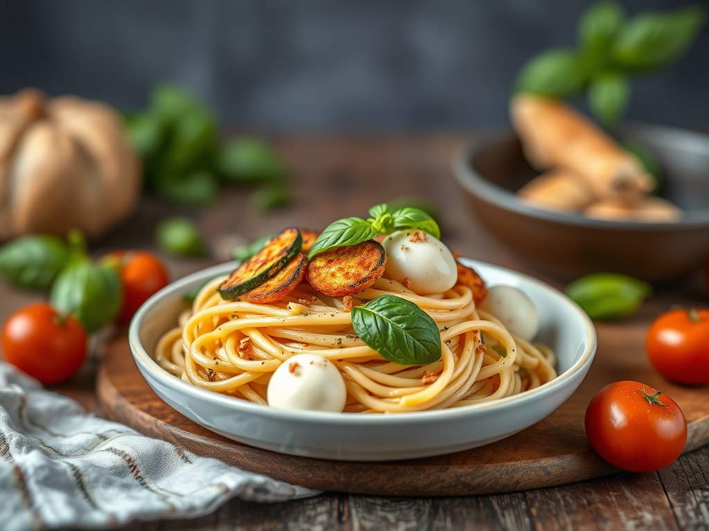 Pasta met gebakken courgette, mozzarella, Grieks basilicum en salie, AI-gegenereerde illustratie