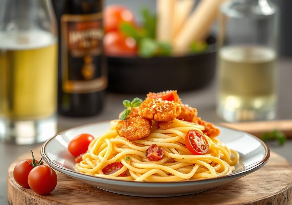 Pasta met Gebakken Kappertjes en Ham-Tomaat — AI-gegenereerde illustratie