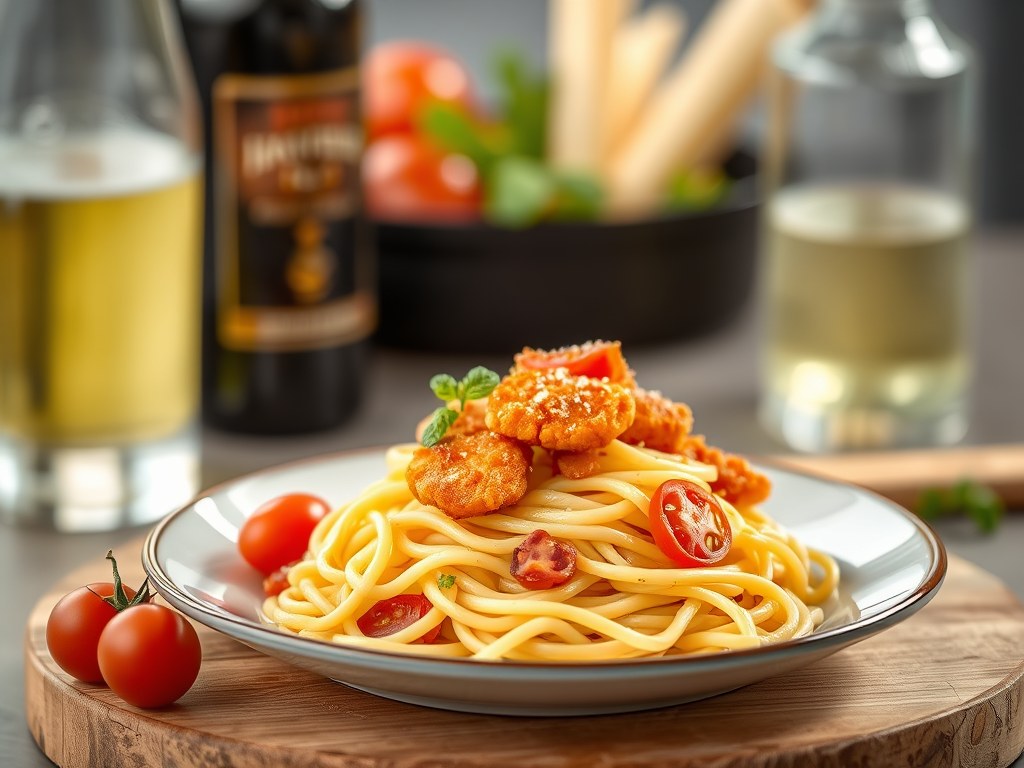 Pasta met Gebakken Kappertjes en Ham-Tomaat, AI-gegenereerde illustratie