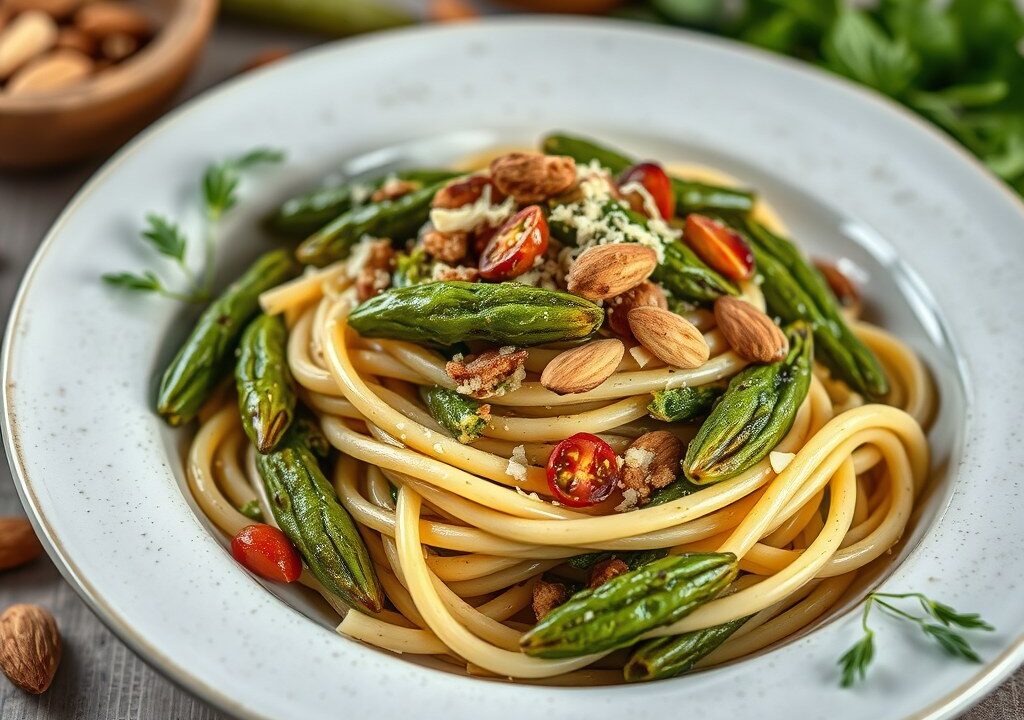 Pasta met Gegrilde Groene Asperges en Pesto Trapanese — AI-gegenereerde illustratie