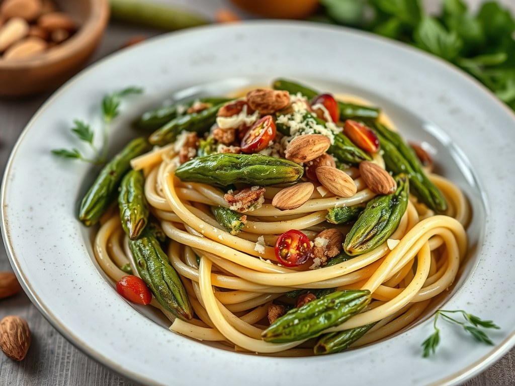 Pasta met Gegrilde Groene Asperges en Pesto Trapanese, AI-gegenereerde illustratie