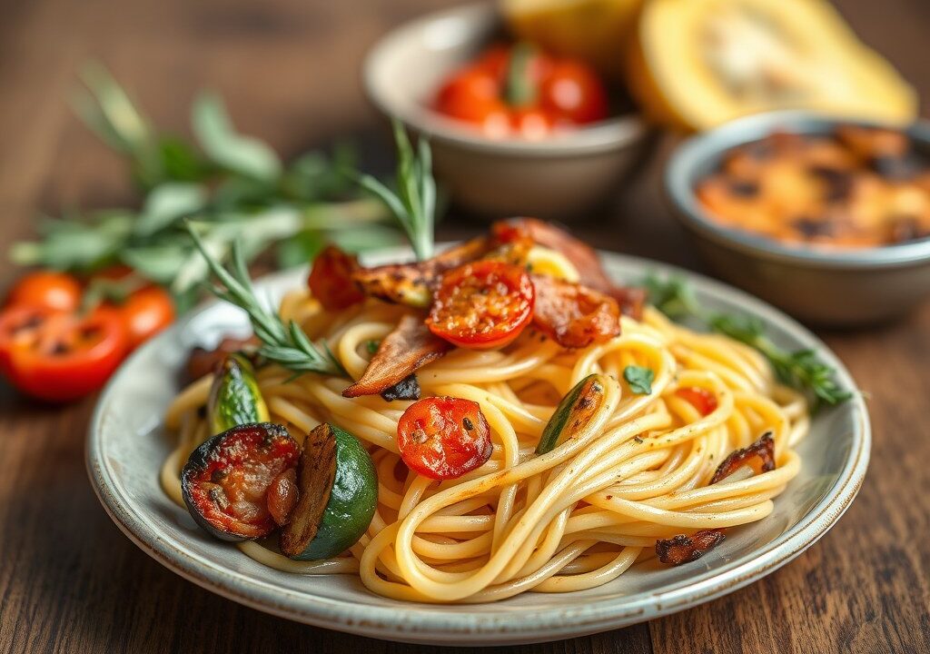 Pasta met gegrilde groenten en spek — AI-gegenereerde illustratie