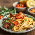 Pasta met gegrilde groenten en spek